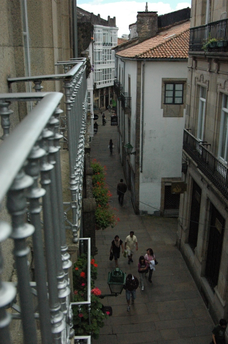 View from room balcony over medieval laneway